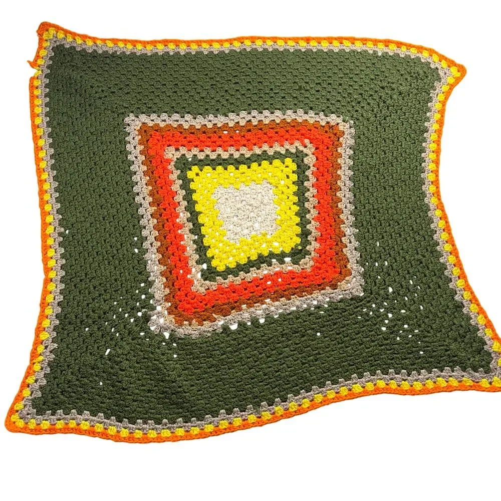 Vintage MidCentury Crochet Small Throw Blanket Granny Square Olive Green Orange